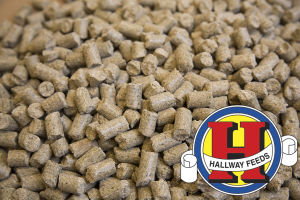 Horse pellets with Hallway Feeds logo in lower right corner